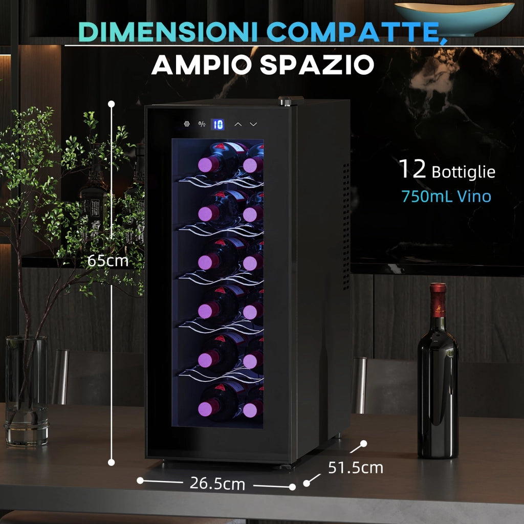 Cantinetta Vino Refrigerata per 12 Bottiglie Doppio Controllo Temperatura Ripiani Regolabili e Luci Nero