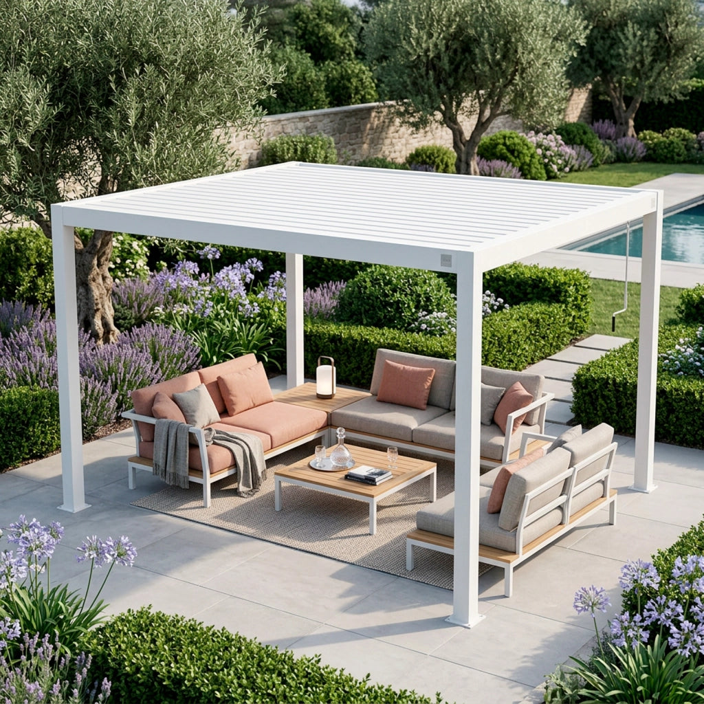 Pergola Gazebo Bioclimatica 3X4 Metri Con Tetto A Lamelle Orientabili Sistema Di Drenaggio Struttura In Acciaio E Alluminio Resistente Ai Raggi UV Per Giardino Terrazza E Piscina Bianco Opaco
