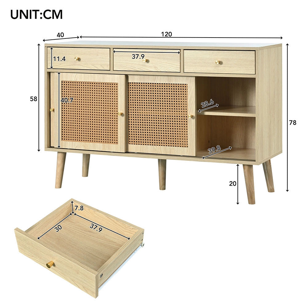 Buffet commode con cannage di rotino - Xylo - Maniglie metallo dorato ripiani regolabili