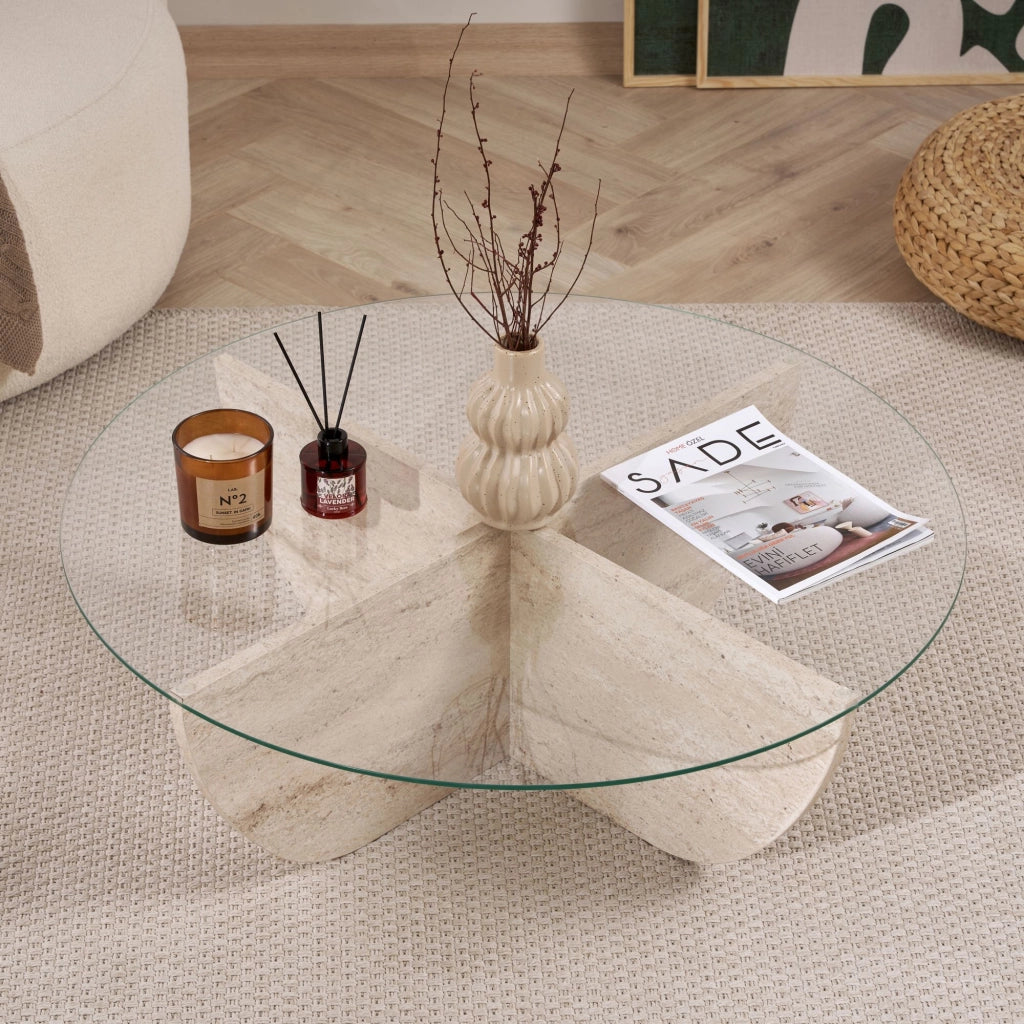 Tavolino in vetro "Liya" 90 x 90 x 30 cm - Travertino