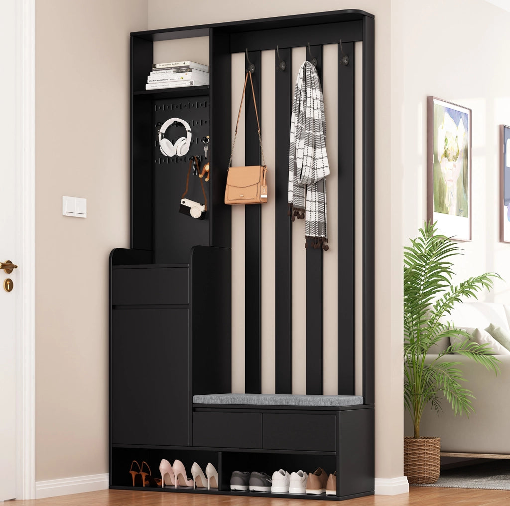 Appendiabiti da ingresso multifunzione con panca; pannello forato; 4 ganci e cassetto; nero; H180xL100xP35 cm