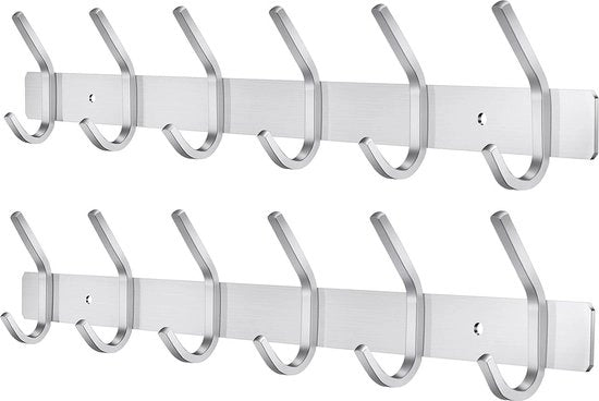 Sostegno a muro in acciaio inossidabile a 6 ganci per camera da letto, bagno, cucina - Argento - Set da 2