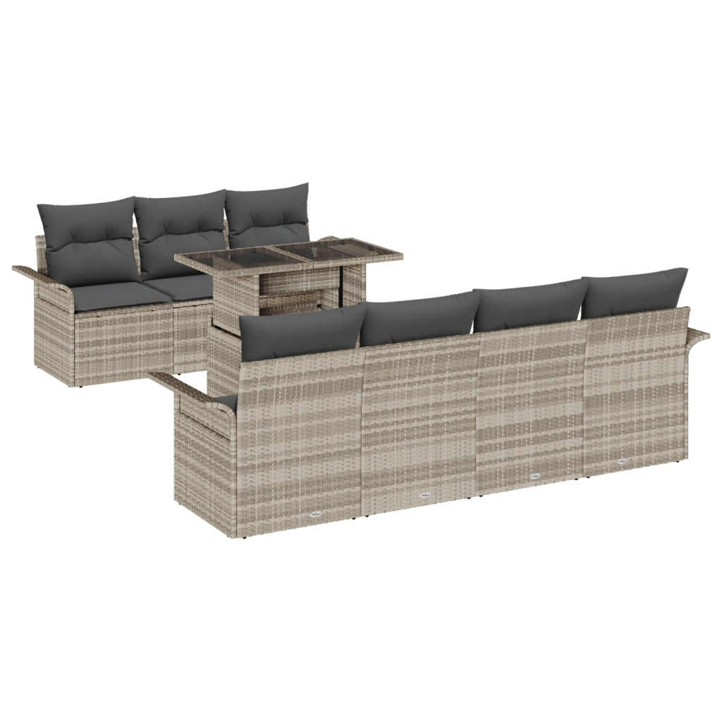 Set di Divani da Giardino in 8 Pezzi con Cuscini Grigio Chiaro in Polyrattan