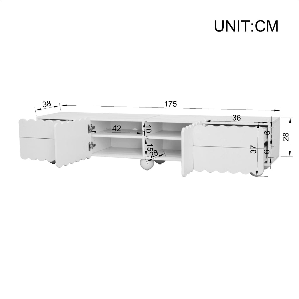 Mobile TV con 2 Ante e 2 Cassetti; Bordi Arrotondati; Design Minimalista; Soggiorno; in MDF e Pannello Truciolare; Bianco; 175??38??37 cm