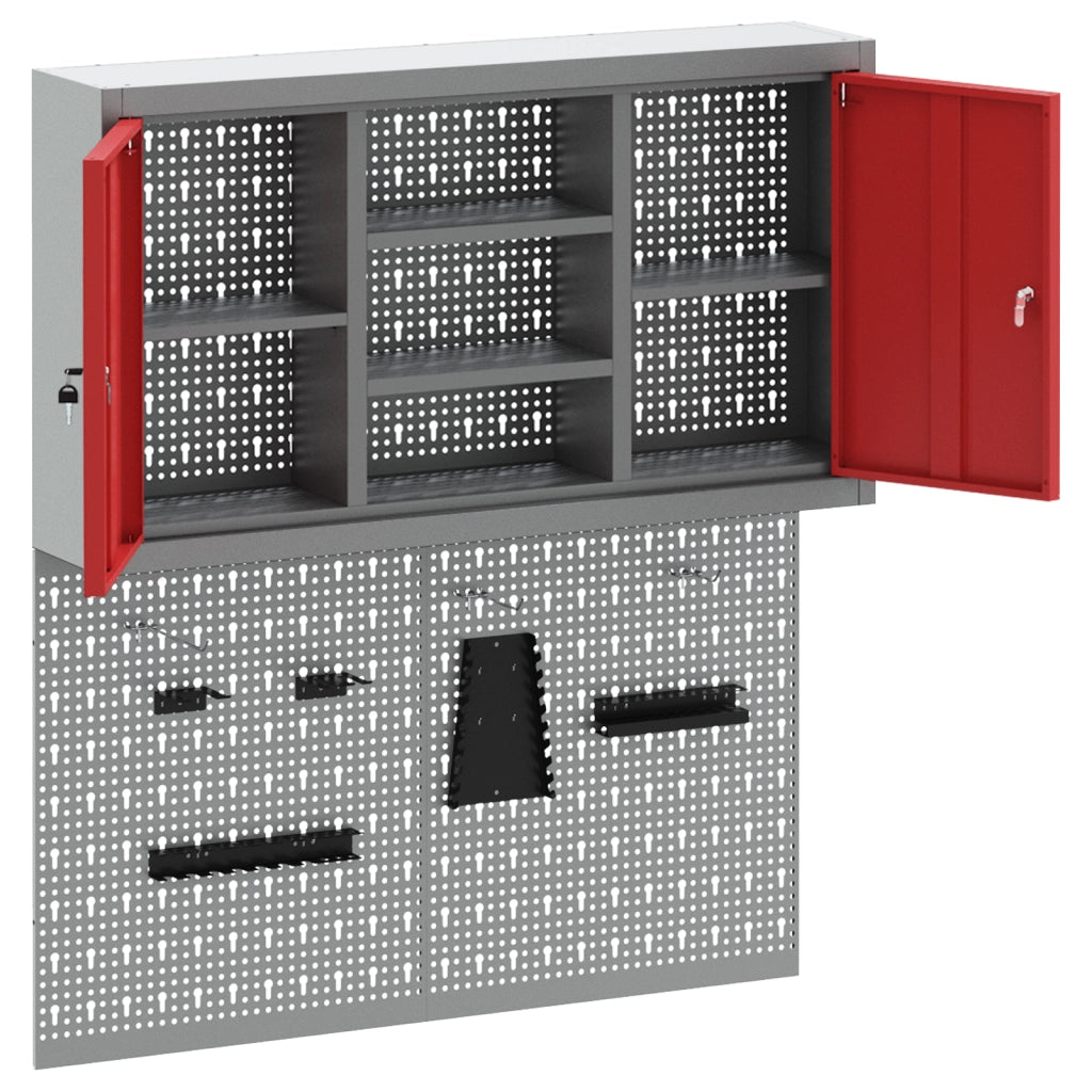 Set da Muro con Mobile per Attrezzi e Pannello Utensili a 3 Pezzi  Rosso Metallico