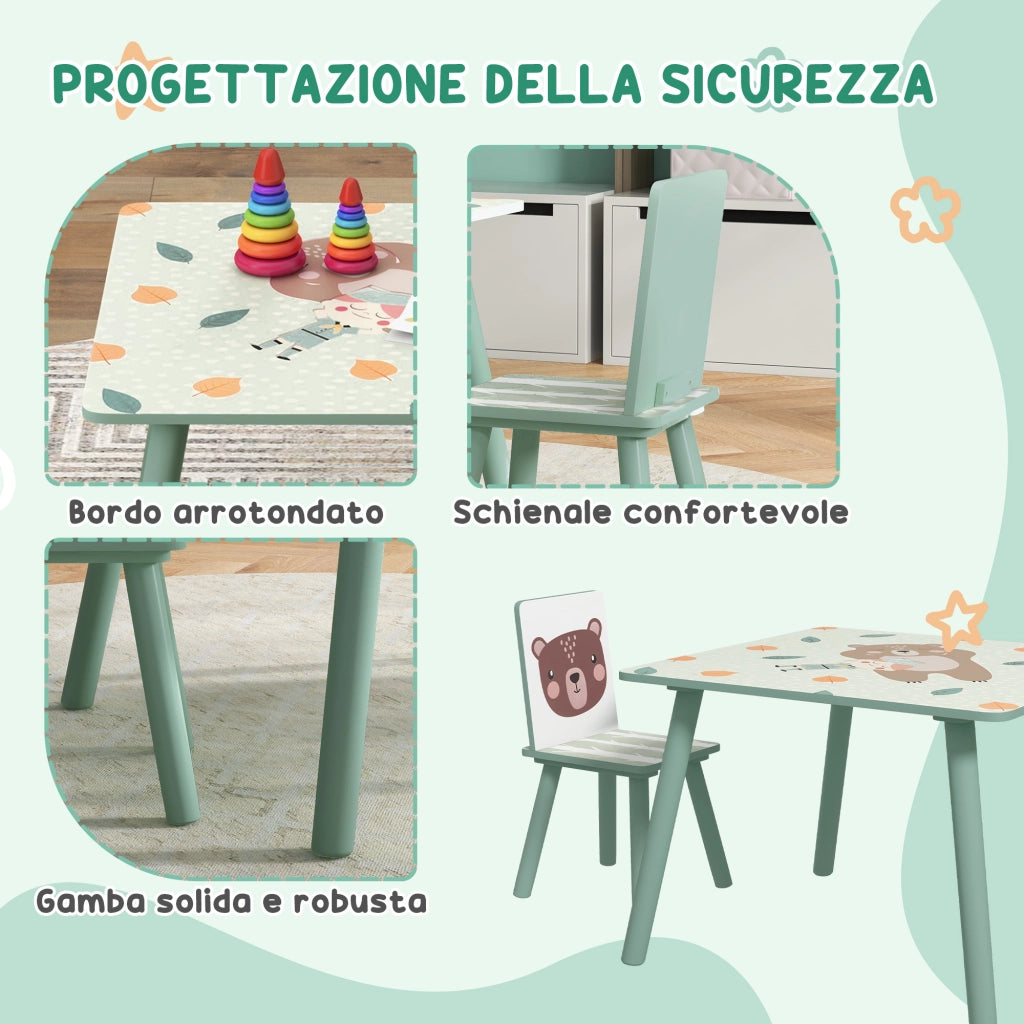 EasyComfort Set Tavolo e Sedie 3 Pezzi per Bambini 3-8 Anni in MDF e Legno di Pino, Verde