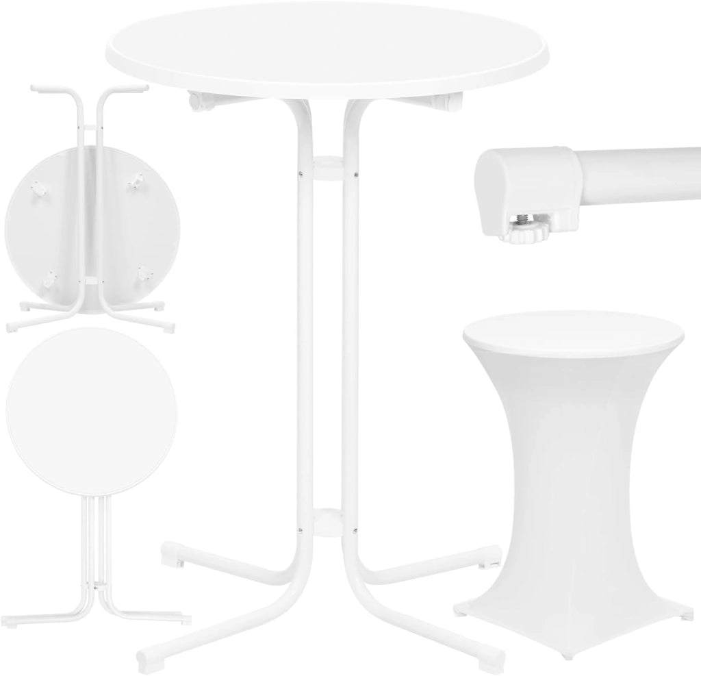 Tavolino da Bar Pieghevole Esterno Rotondo, Tavolo Alto con Copertura per Matrimonio Festa Compleanno, Piedini Regolabile, 80x110 cm, Bianco Opaco