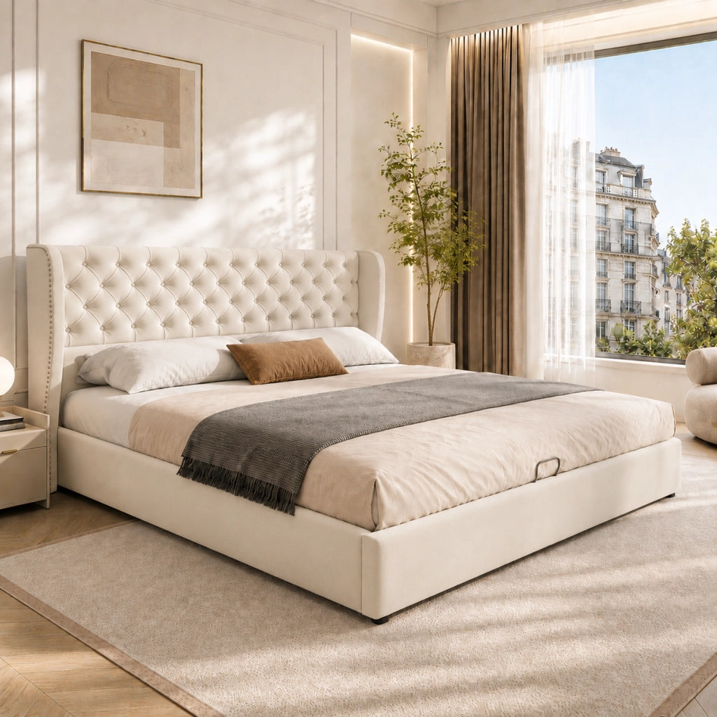 letto imbottito velluto beige 180 x 207 cm