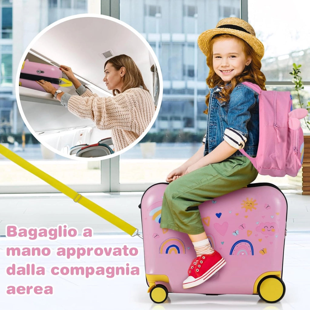 Valigia Cavalcabile per Bambini, 18" Valigia+ 12" Zaino,2 Pezzi, Trolley Bambini Bagaglio a Mano con Ruote Girevoli e Maniglia Retrattile, 2 Cingie Multiuso (Modello 10)