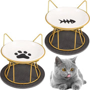 Pacco di 2 Piatti per Gatti, Piatti per Gatti con Tappetino Antiscivolo, Piatto per Alimentazione Elevato con Supporto in Metallo, Cintura per Gatti in Ceramica, Protezione del Collo, Stazione di Alimentazione per Animali Domestici (Oro)