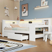 DESMIU Lit banquette 90 × 200 cm 1 place avec bureau, 2 tiroirs, LED et USB, sans matelas, blanc