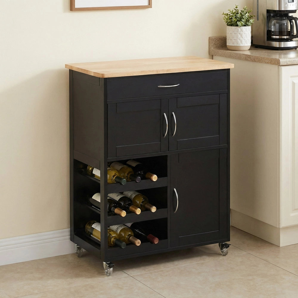 Mobiletto da cucina Febe con ruote in legno nero e top in rovere