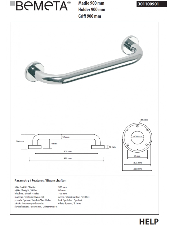 HELP 900 Maniglione per doccia in acciaio inox 98x8x10,6 cm