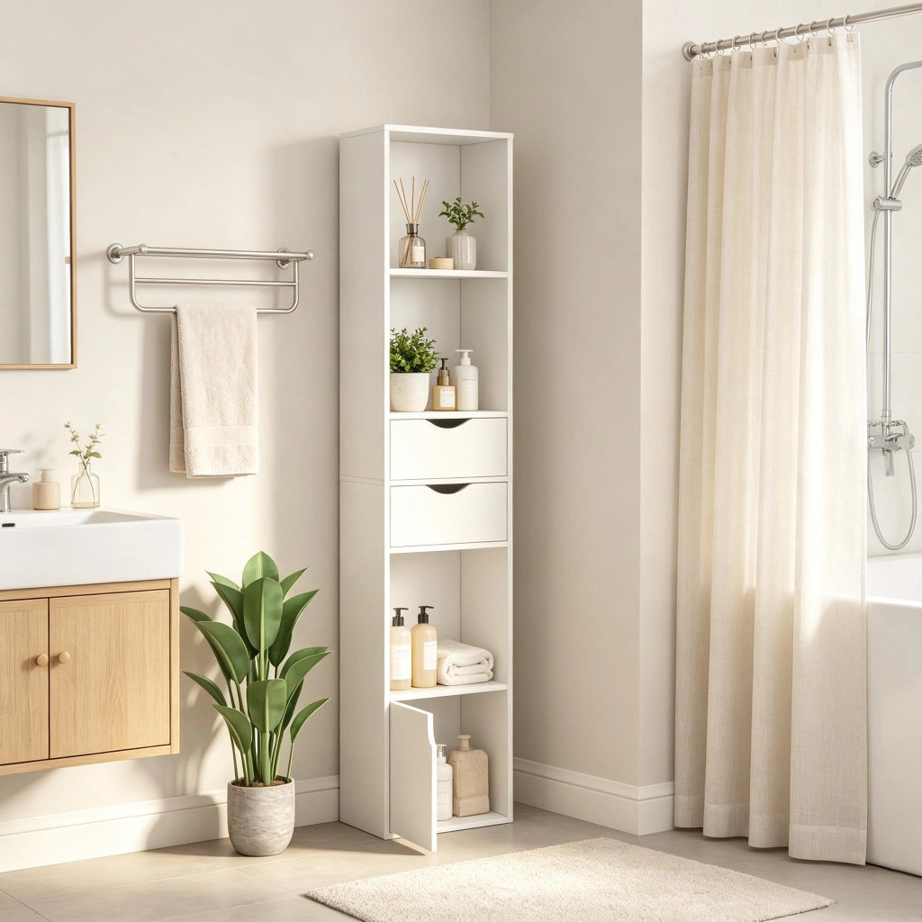 Libreria con 3 vani aperti, 2 cassetti e 1 anta, ripiani regolabili, per soggiorno e ufficio, bianco, 30 × 157,5 × 24 cm