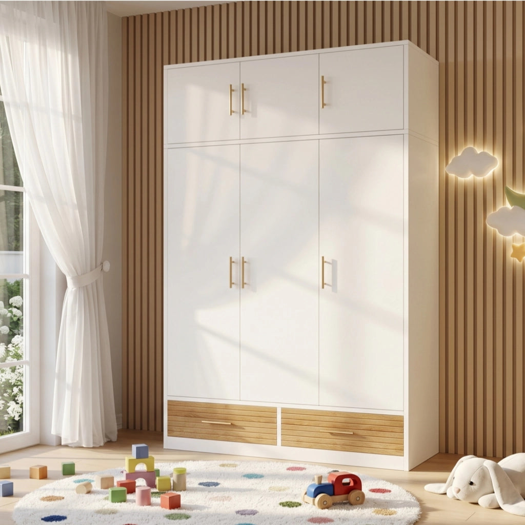 Armadio a 3 ante con vani superiori, asta appendiabiti e 2 cassetti, 120x50x180 cm, bianco