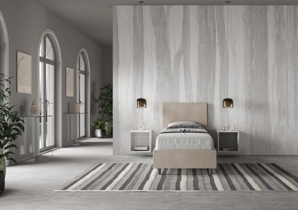 BS COM Letto singolo contenitore imbottito 80x190 microfibra sabbia