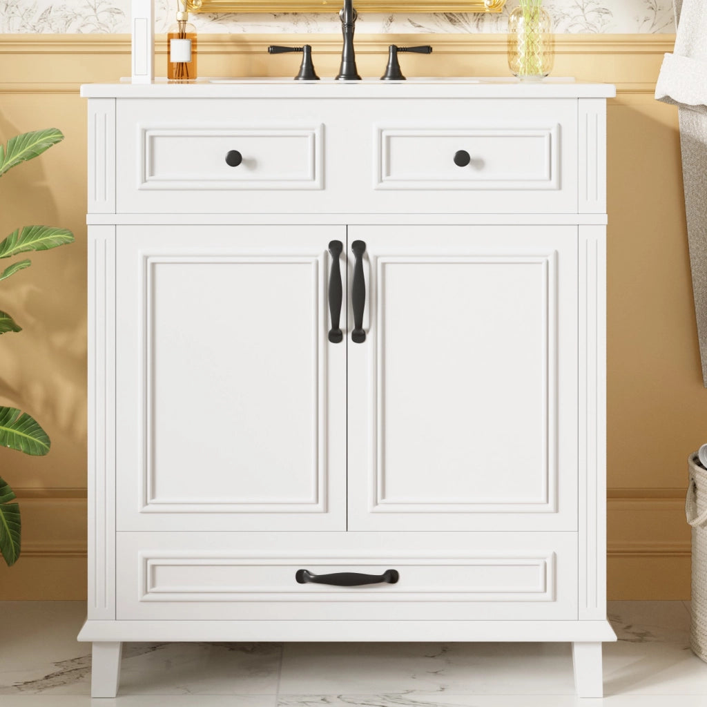 Mobile bagno con lavabo integrato in ceramica 77x46x86 cm bianco in MDF laccato con ante soft-close e 9 vani