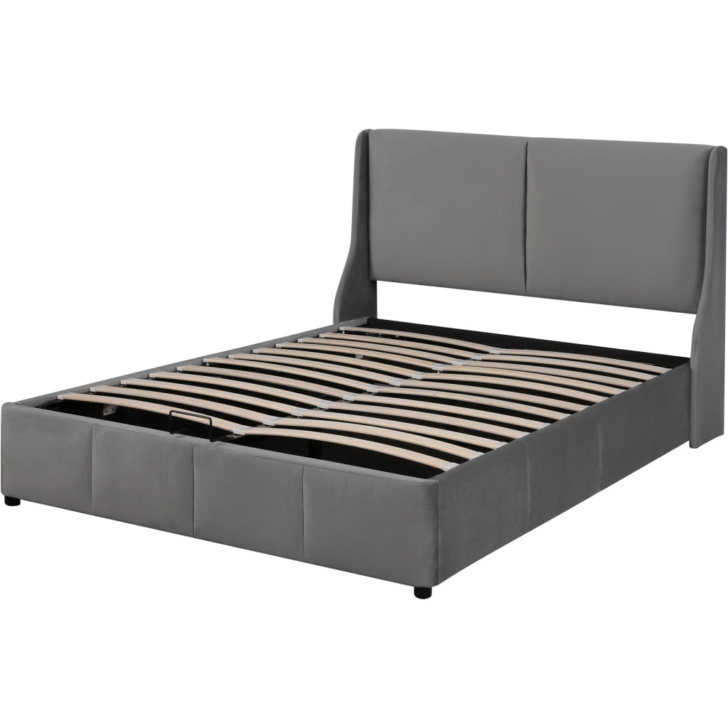 Letto imbottito 140x200 cm in velluto grigio con rete a doghe e contenitore sottoletto