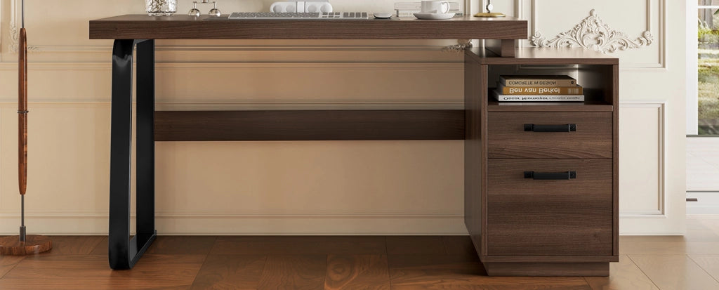 Scrivania 135x54 cm in MDF e metallo marrone， con contenitore integrato