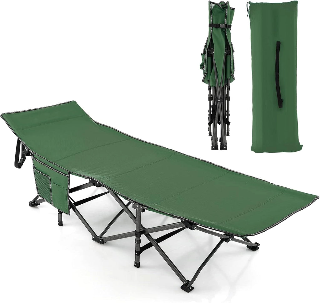 Brandina da Campeggio Pieghevole, Letto Portatile con Poggiatesta Inclinato, Tasca Laterale e Borsa di Trasporto, Branda Campeggio per Backpacking, Ospiti e Pesca, Portata 272 kg (Verde)