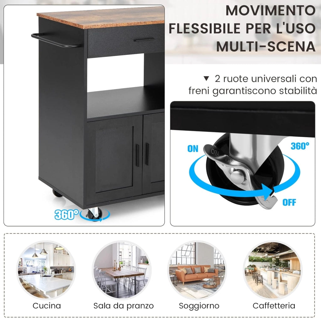 Carrello da Cucina con Ruote, Isola da Cucina con 3 Portaspezie 1 Cassetto Armadietto a 2 Porte, Carrello Portaoggetti con Portasciugamani, 82x46x92 cm (Nero)