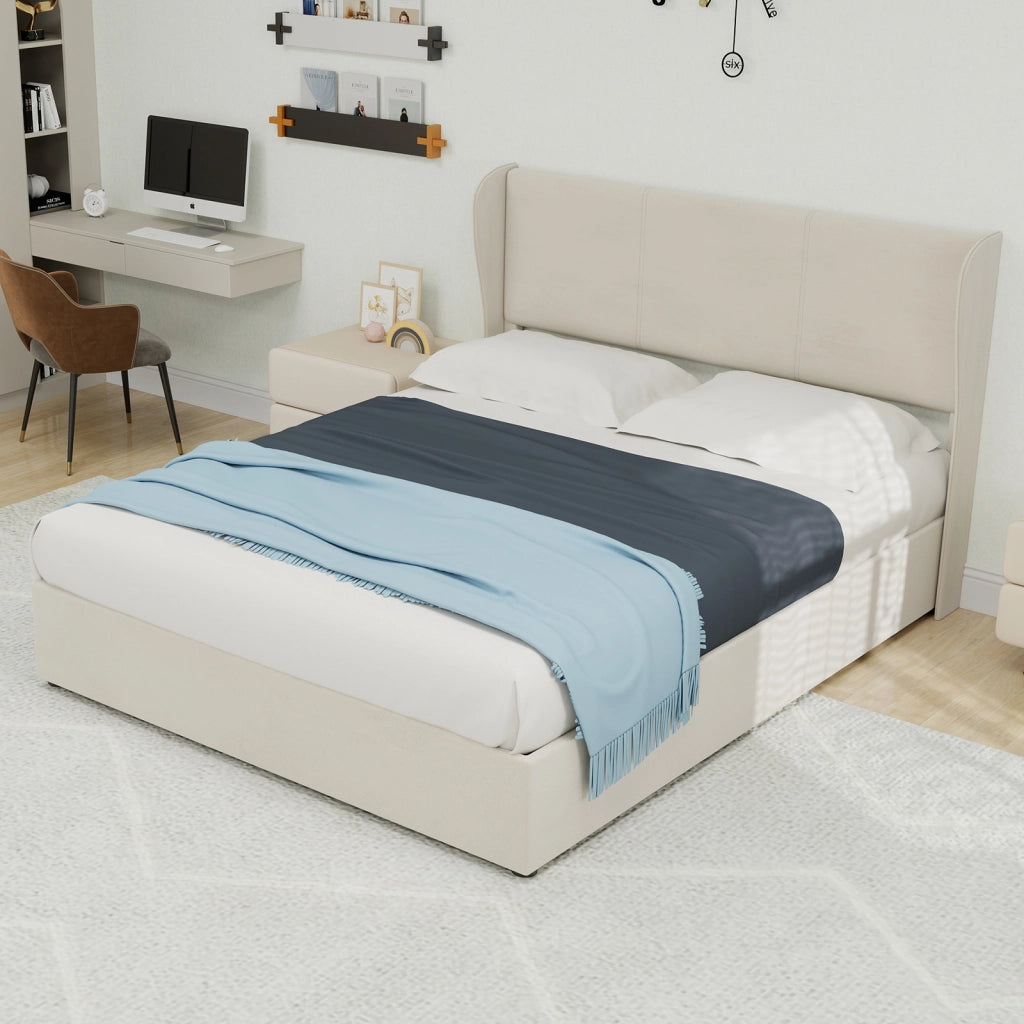 Letto Contenitore Imbottito ¨C MINIMAL ¨C Beige 140x200 con Testiera e Meccanismo Idraulico