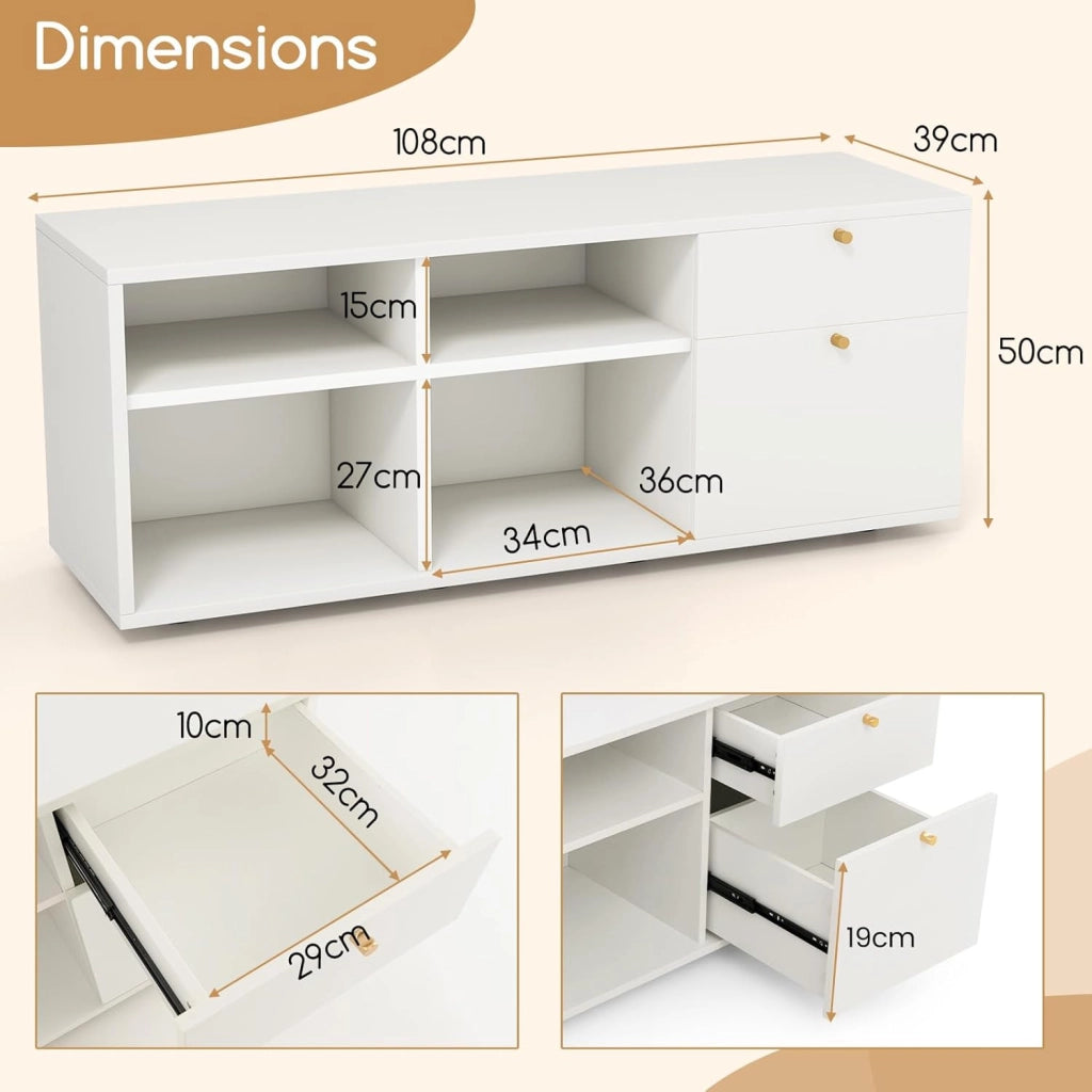 Mobile Contenitore, Mobile TV Moderno per TV da 49” con 4 Scomparti Aperti e 2 Cassetti, Consolle Multimediale, Organizzatore Salvaspazio per Soggiorno Ufficio Camera da Letto, Bianco