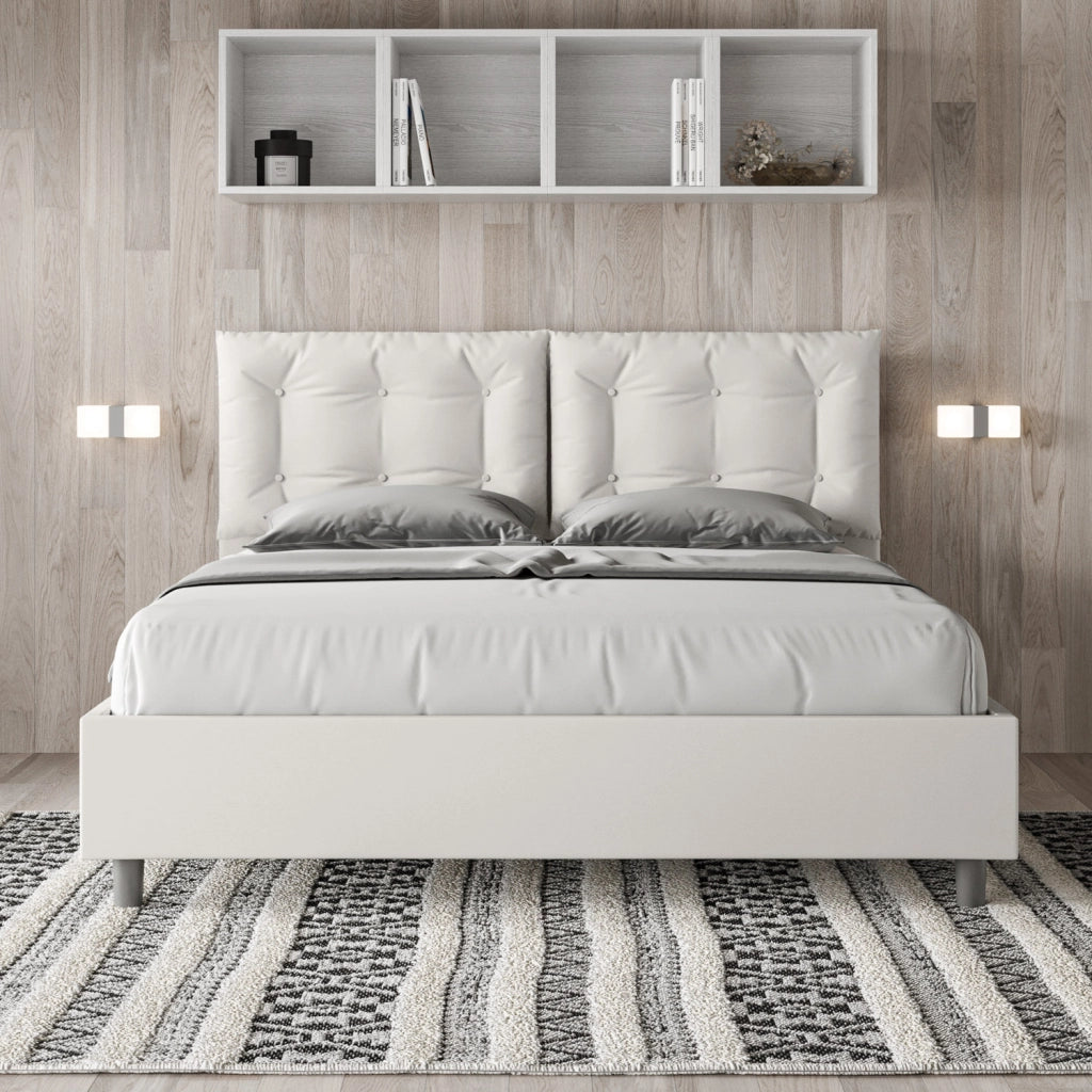 Letto Matrimoniale 160x210 cm con Rete e Contenitore con Alzata Comoda Imbottito in Similpelle Annalisa Bianco