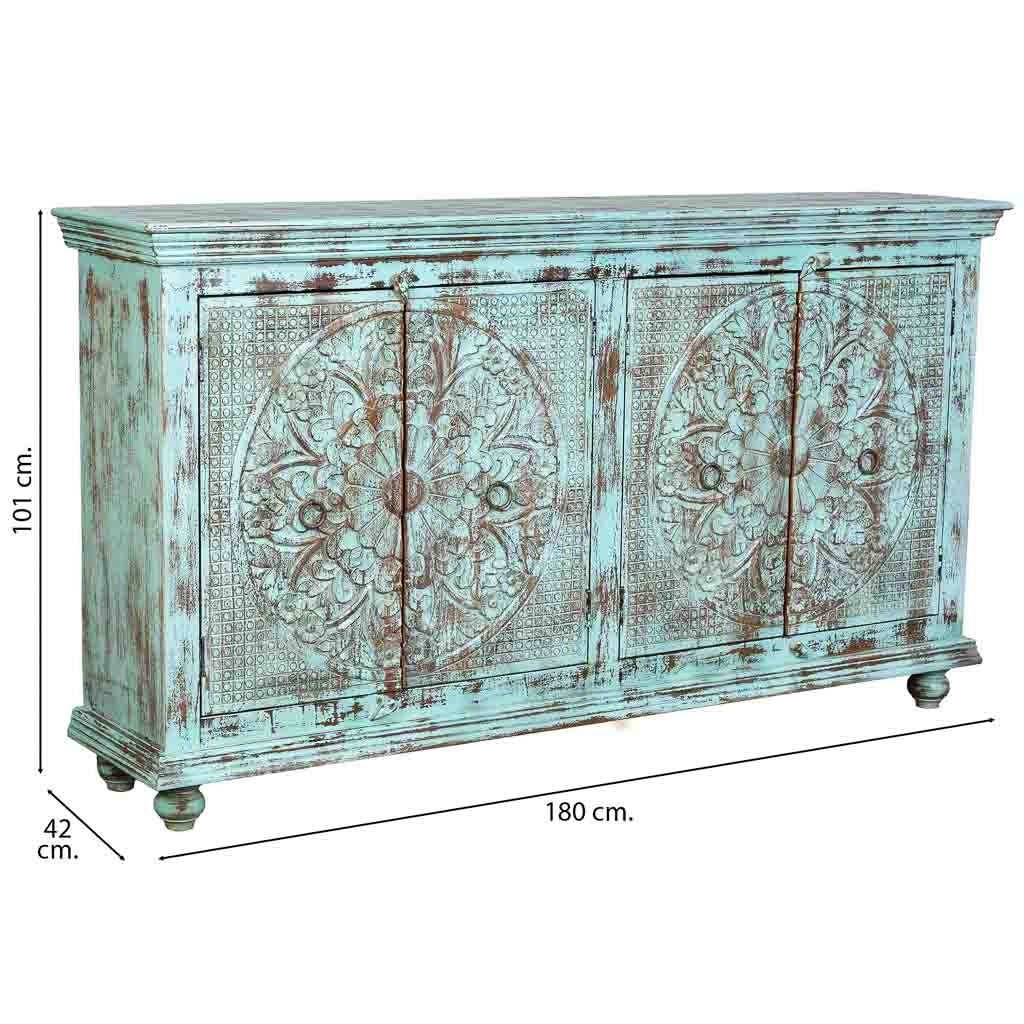 Credenza a 4 ante in legno con finitura verde anticato, cm 180x42x101h