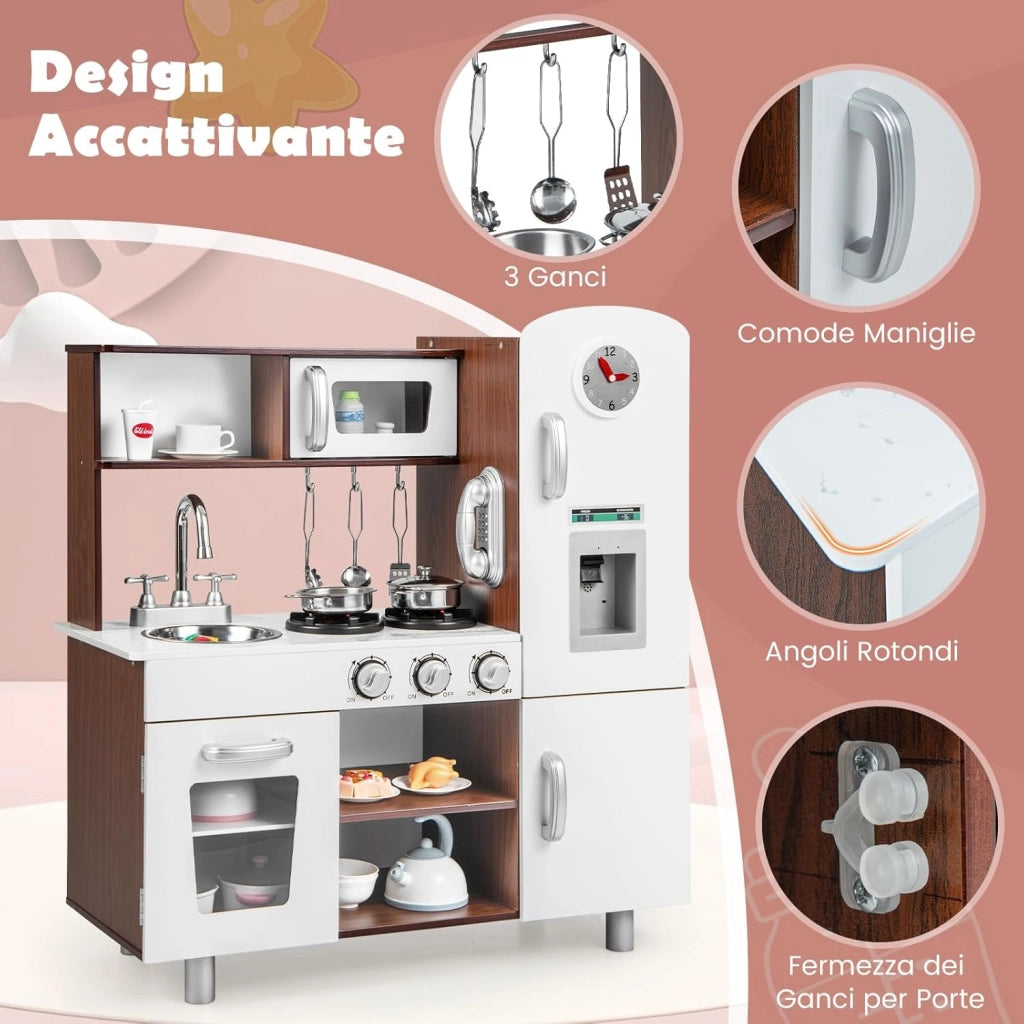 Cucina Giocattolo per Bambini, Cucina Legno per Bambini con Forno, Microonde, Frigorifero, Macchina del Ghiaccio, Lavello e Rubinetto, Funzione Luci e Suoni, per Bambini 3 Anni+