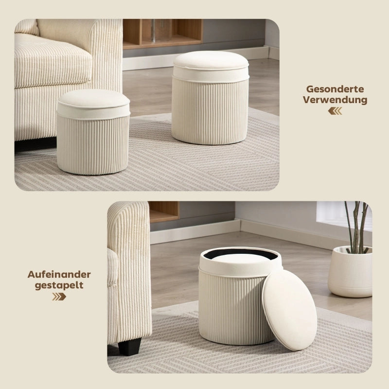 Pouf contenitore 2 pezzi con coperchio e spazio nascosto in poliestere bianco crema