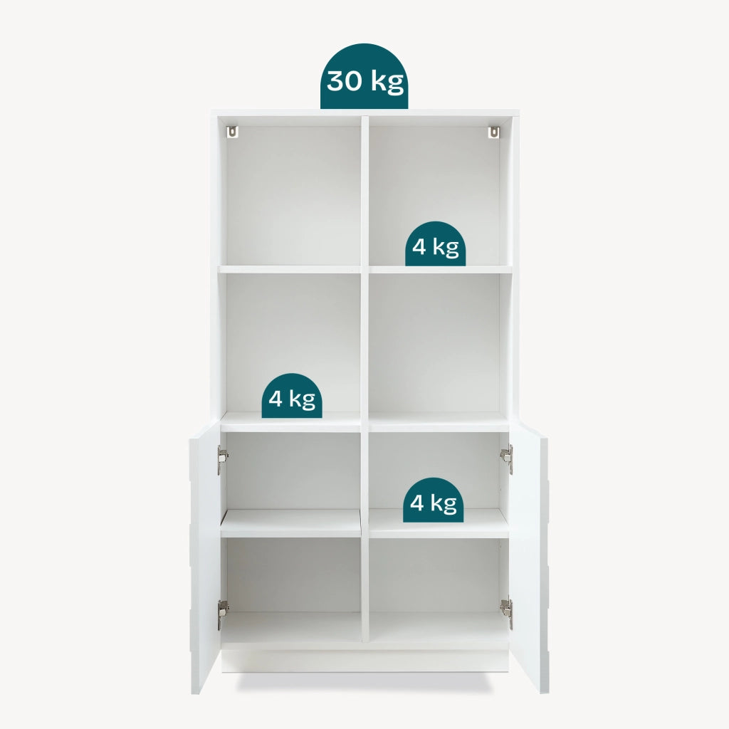Armadio Comò Alto Bopibobro a 2 Ante Credenza con 4 Ripiani Aperti e 4 Vani Chiusi 118 x 64 x 30 cm - Bianco [en.casa]