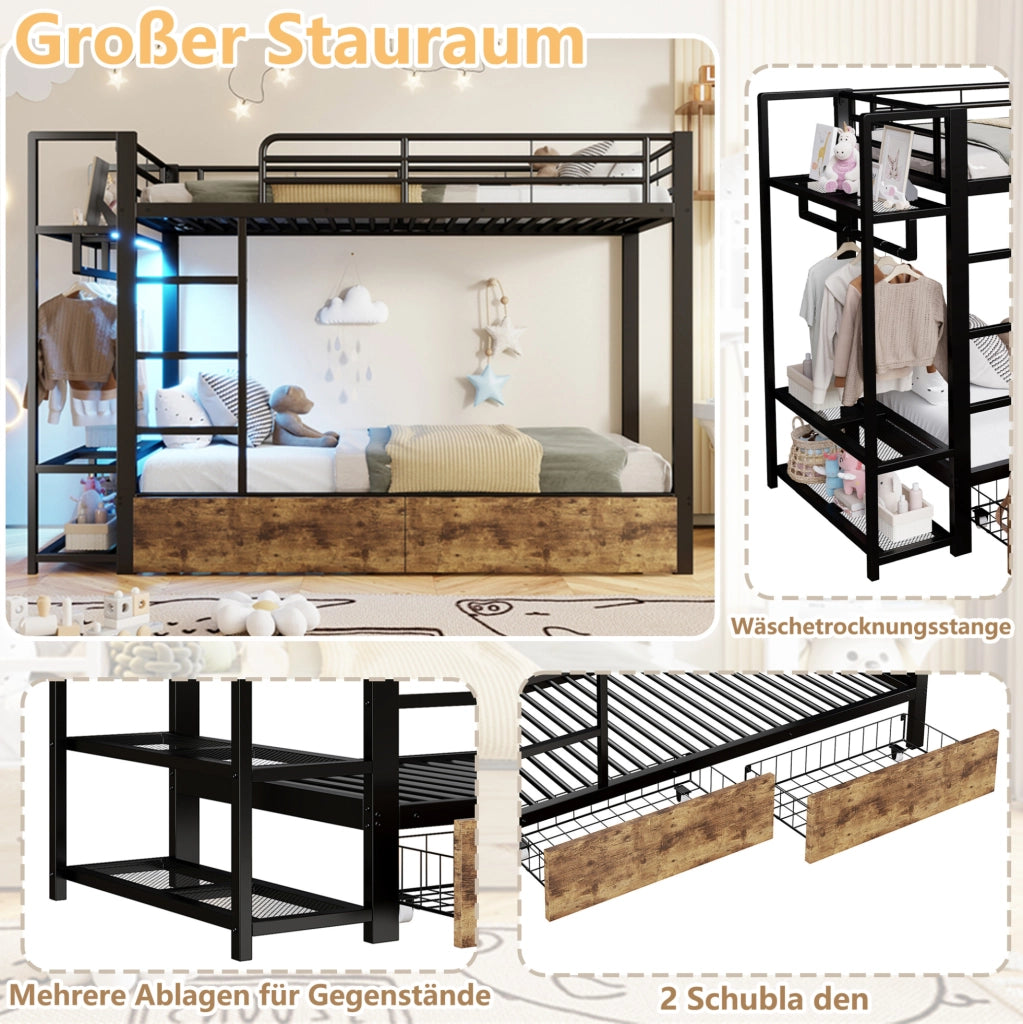 Letto a castello 90x200 cm con LED, cassetti e ripiani
