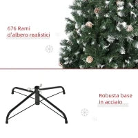 Albero di Natale Artificiale Innevato 150cm con 676 Rami e Pigne, Apertura Automatica e Base Pieghevole, Verde