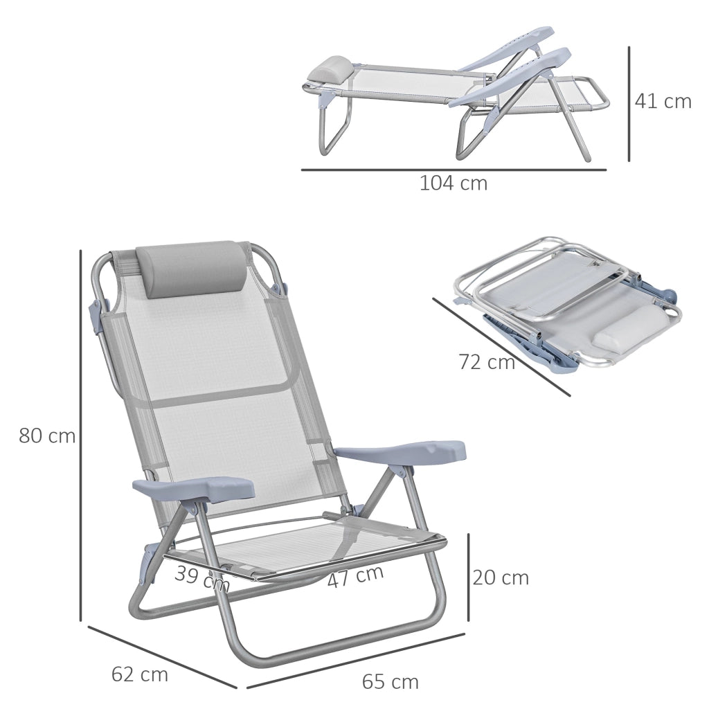 Set 2 Sedie da Campeggio Pieghevoli 62x65x80 cm Reclinabili su 6 Livelli Grigio Chiaro