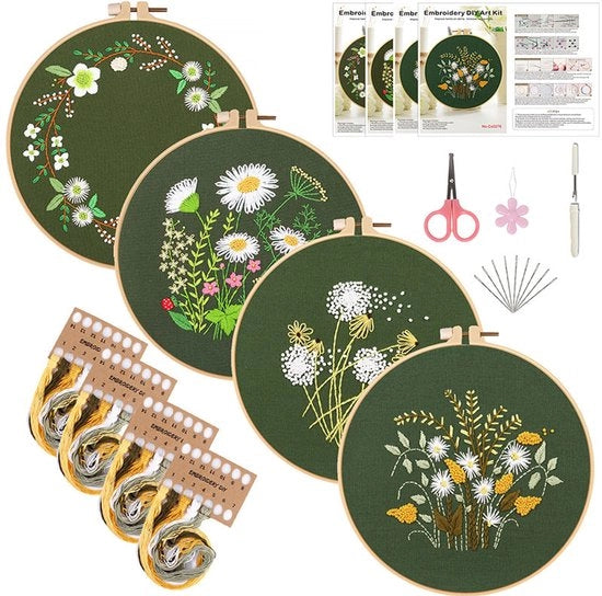 Pacchetto di 4 pezzi per il bordo, completo per adulti e principianti, Mindful fiori, set di punto in croce DIY verde