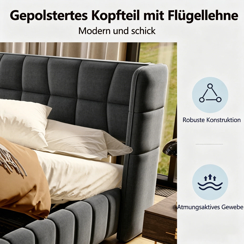 Letto contenitore 180 × 200 cm con sollevamento, senza materasso, per adulti, in tessuto e metallo, grigio