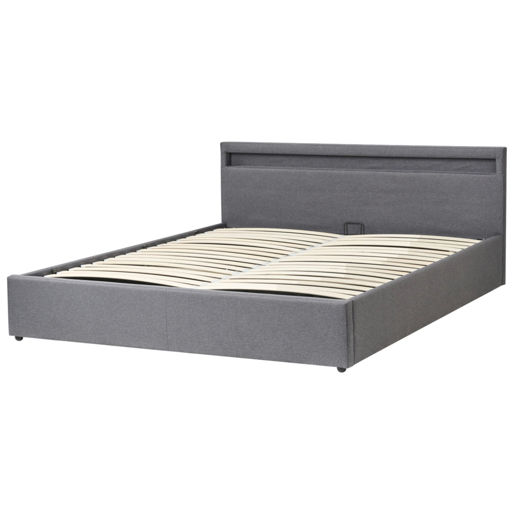 Letto matrimoniale in tedduto grigio scuro con LED 180 x 200 cm con contenitore e ottomana con doghe in legno