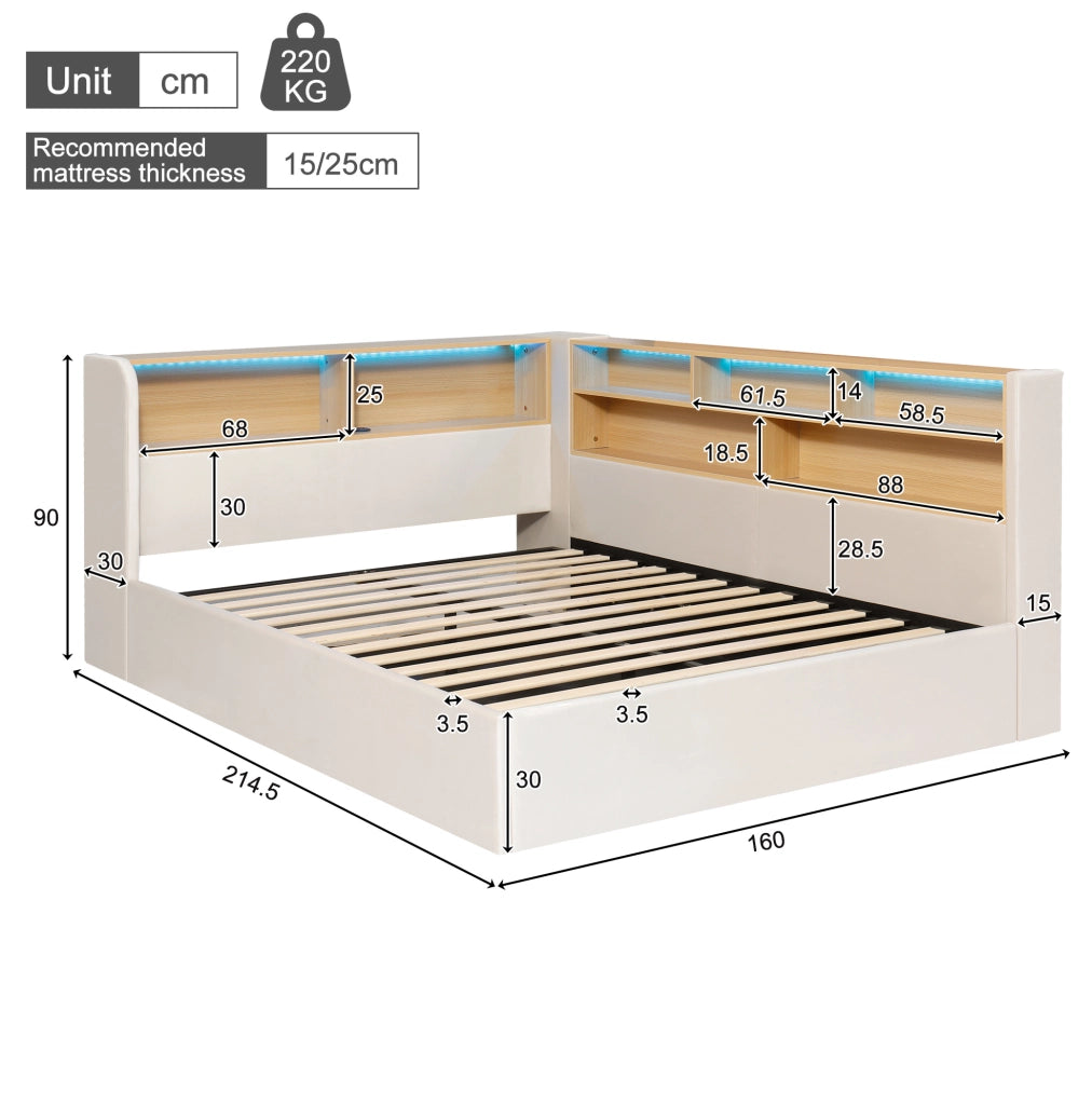 Letto imbottito con contenitore idraulico LED e USB-C, beige