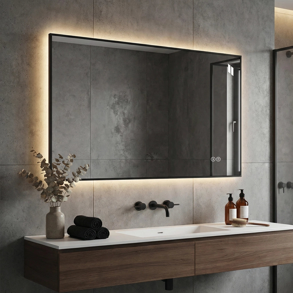 Specchio bagno led 50x70 cm retroilluminato con cornice in alluminio; antiappannamento