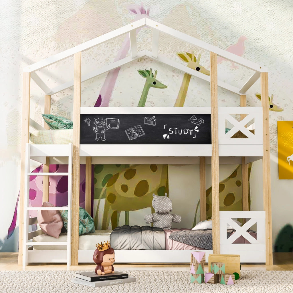 OKWISH Letto a Casetta 90×200 cm, Letto Singolo con Scala, Lavagna e Sponda, senza Materasso, in Legno Massello, Bianco