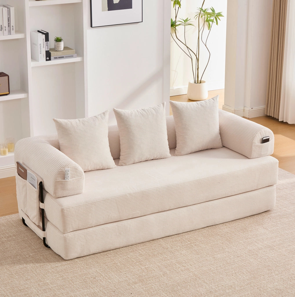 Divano modulare in velluto a coste beige con 3 cuscini; tasca laterale; 200x94x67 cm