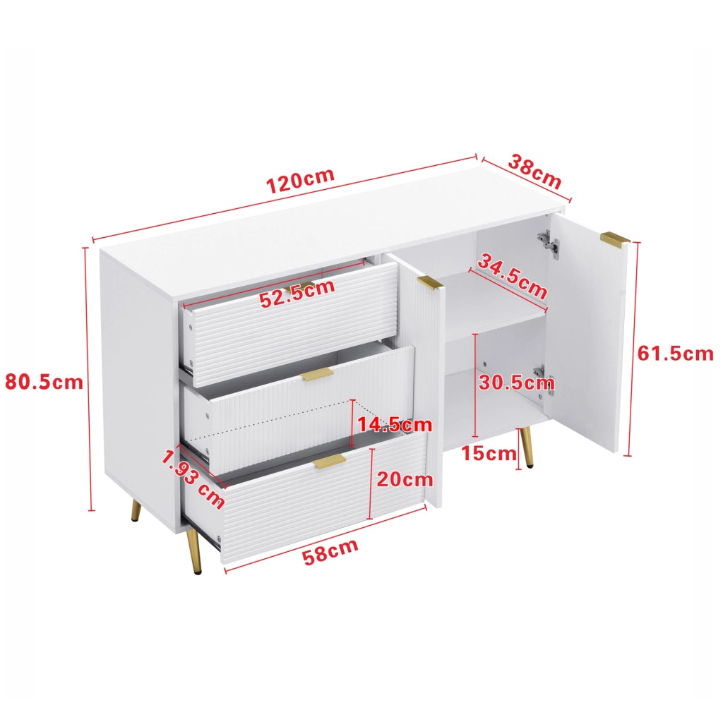 Credenza bianca e oro in MDF con 3 cassetti e 2 ante