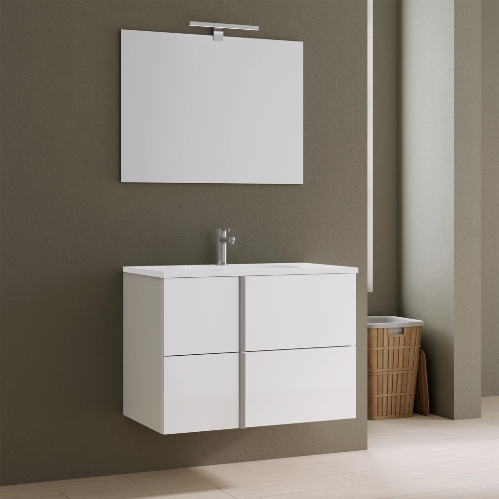 Mobile da bagno sospeso 100cm bianco lucido con lavabo in ceramica e specchio | Hoia