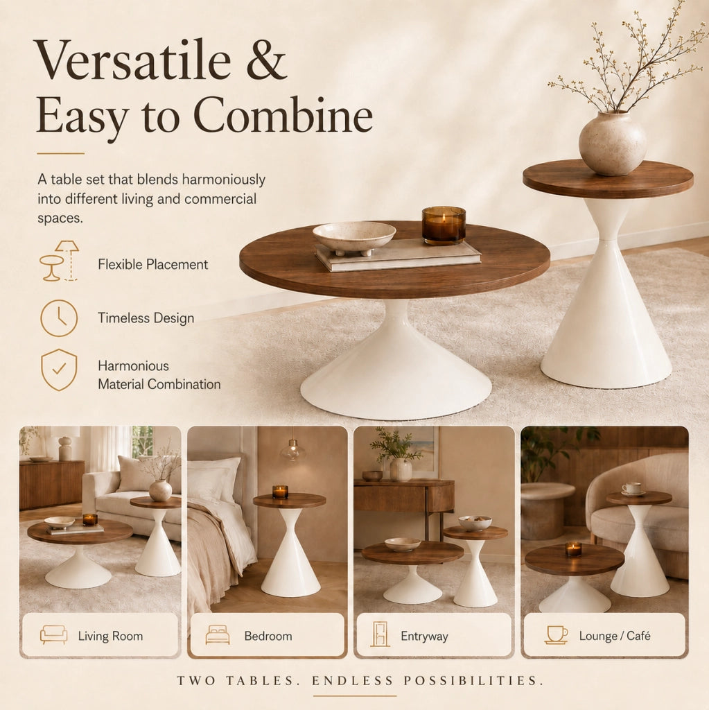 Set di 2 tavolini rotondi ?70x40 e ?50x50 cm in MDF effetto noce e metallo crema