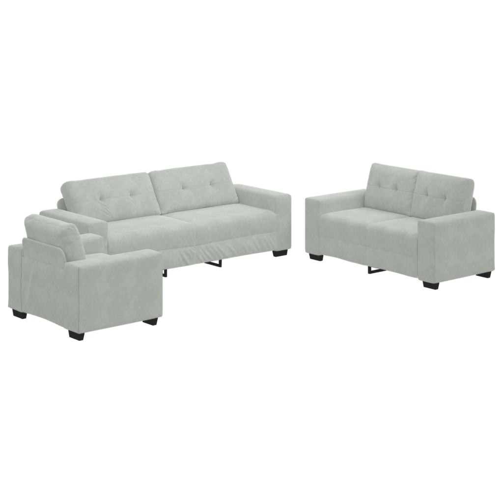 Set Divano a 3 Pezzi con Cuscini Velluto Grigio Chiaro