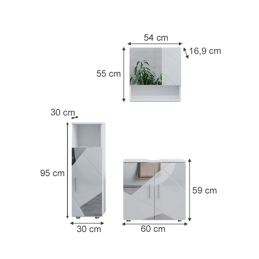 Vicco Set mobili bagno Bianco lucido con inserti 3 parti