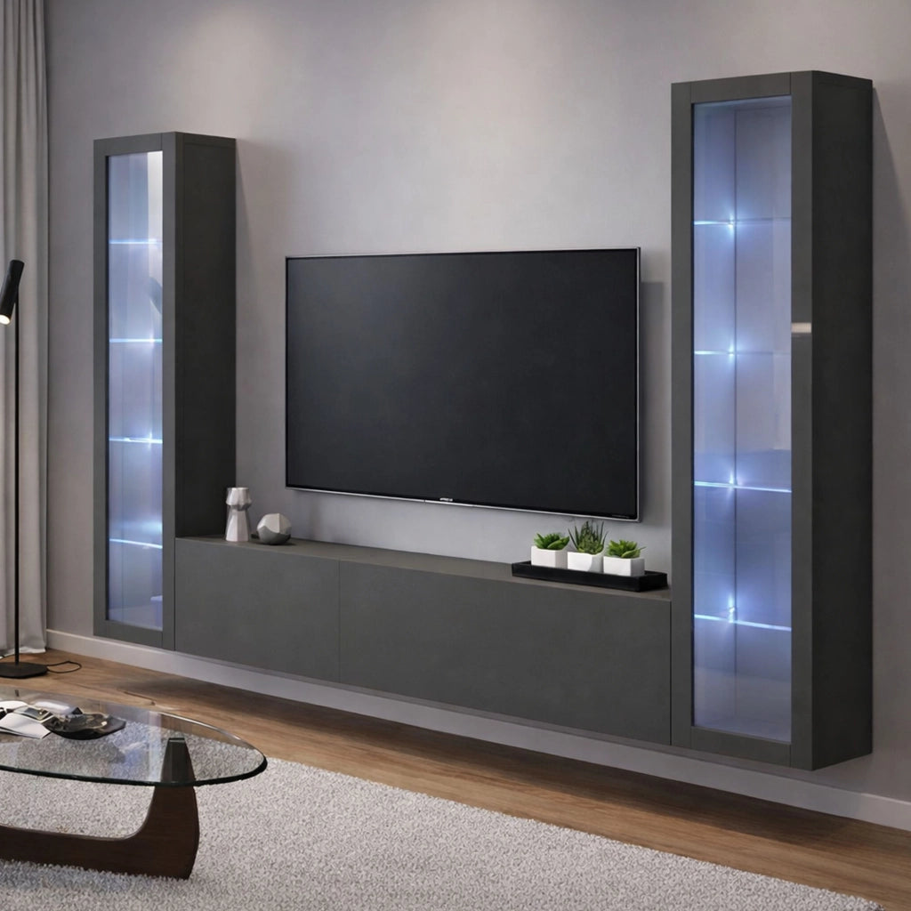 Mobile Soggiorno Leda, Parete Attrezzata 9 Ripiani Made in Italy, 260x30x180h cm Nero Antracite