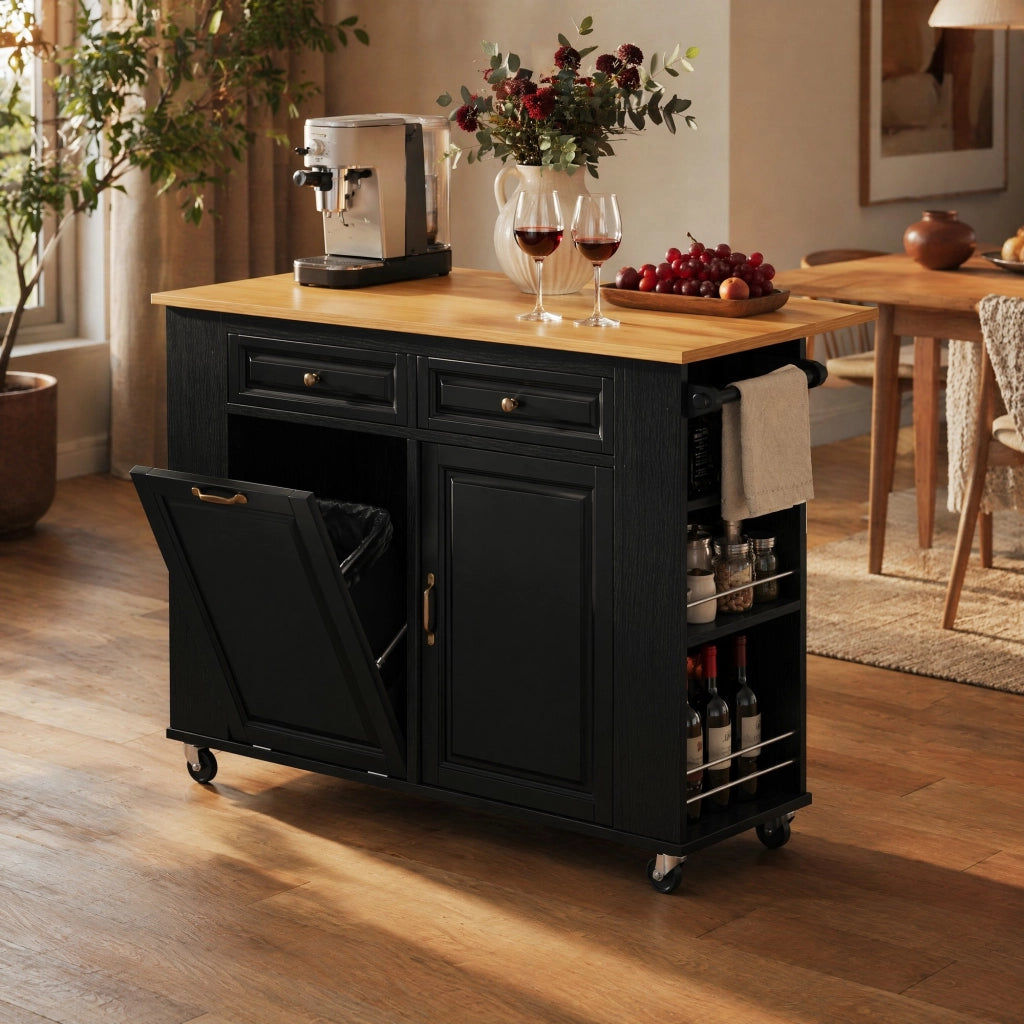Isola cucina mobile nera 120x40-70x92 cm con prolunga, prese e vano contenitore