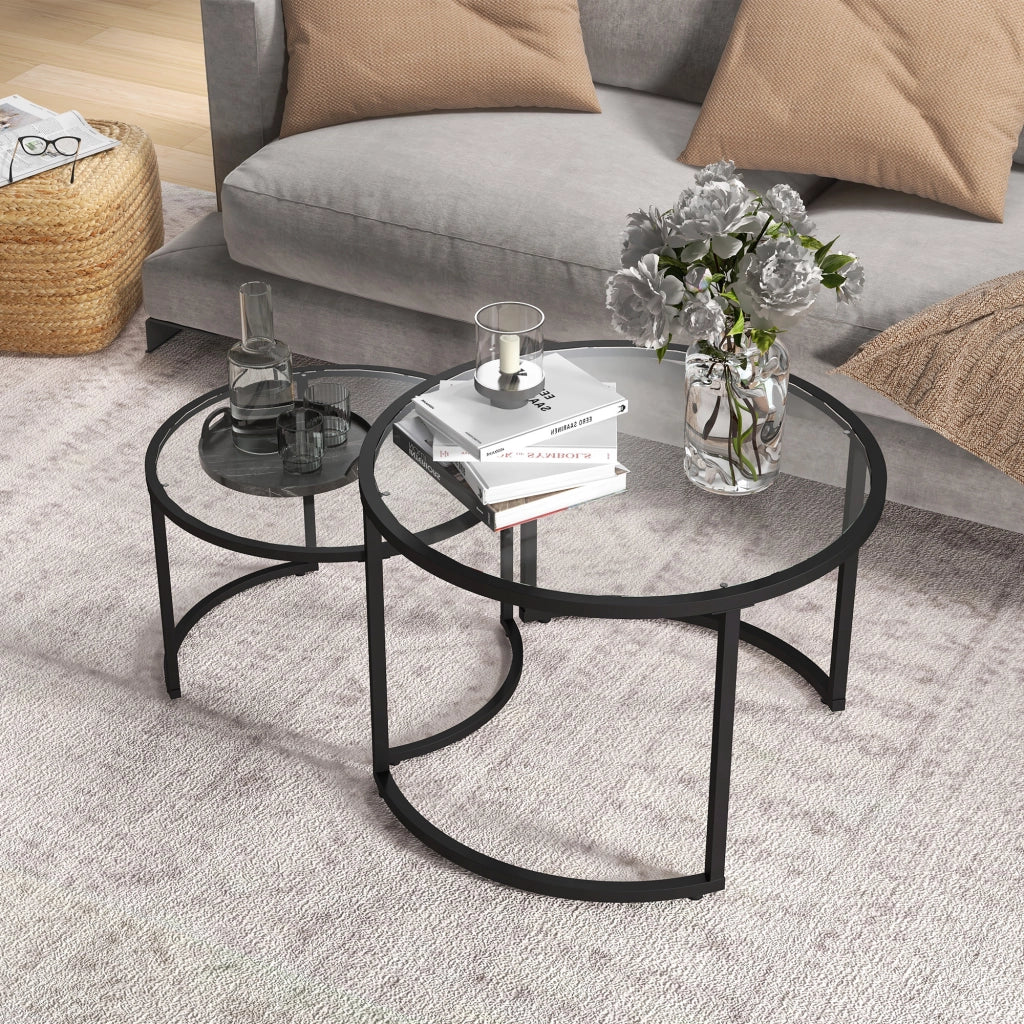 Set Tavolini Sovrapponibili ¨C Zephmum ¨C Vetro e Acciaio Nero ?70x47.5 e ?54x42.5 cm